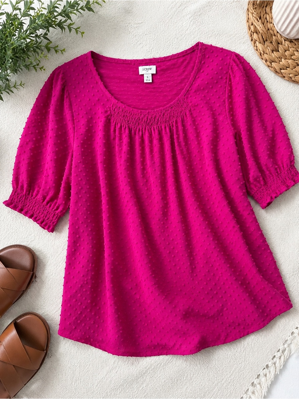 J. Crew Women's Textured Swiss Dot Scoop Neck Top Puff sleeve— Fuchsia